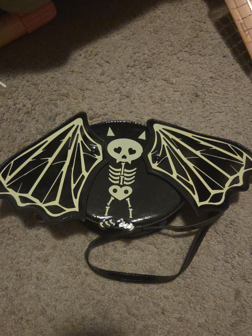 Betsey Johnson Black Glow In The Dark Bat Skeleton Crossbody Bag